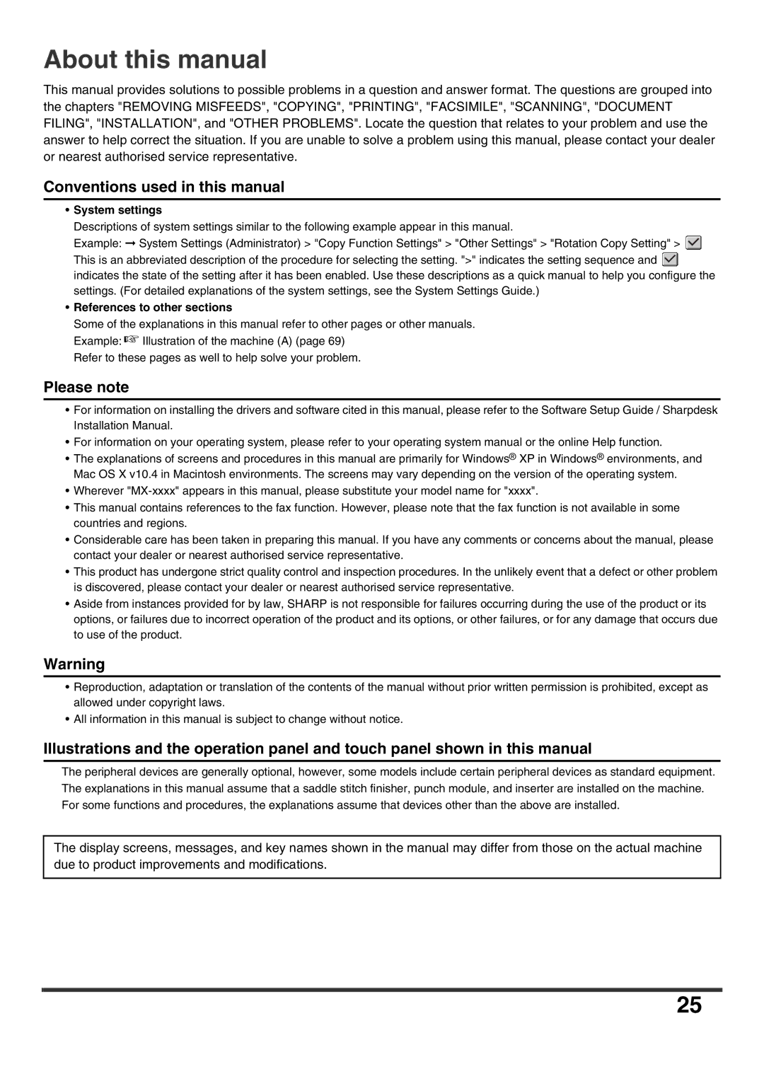 Sharp MX-6201N, MX-6200N, MX-7000N About this manual, Conventions used in this manual, Please note, System settings 