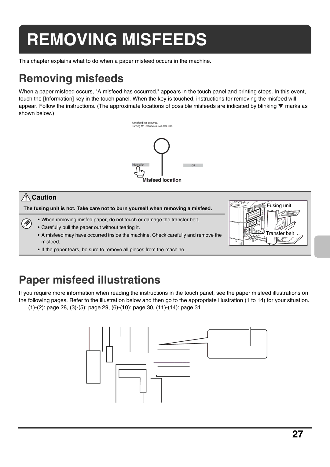 Sharp MX-7000N, MX-6200N, MX-5500N, MX-7001N, MX-6201N Removing Misfeeds, Removing misfeeds, Paper misfeed illustrations 