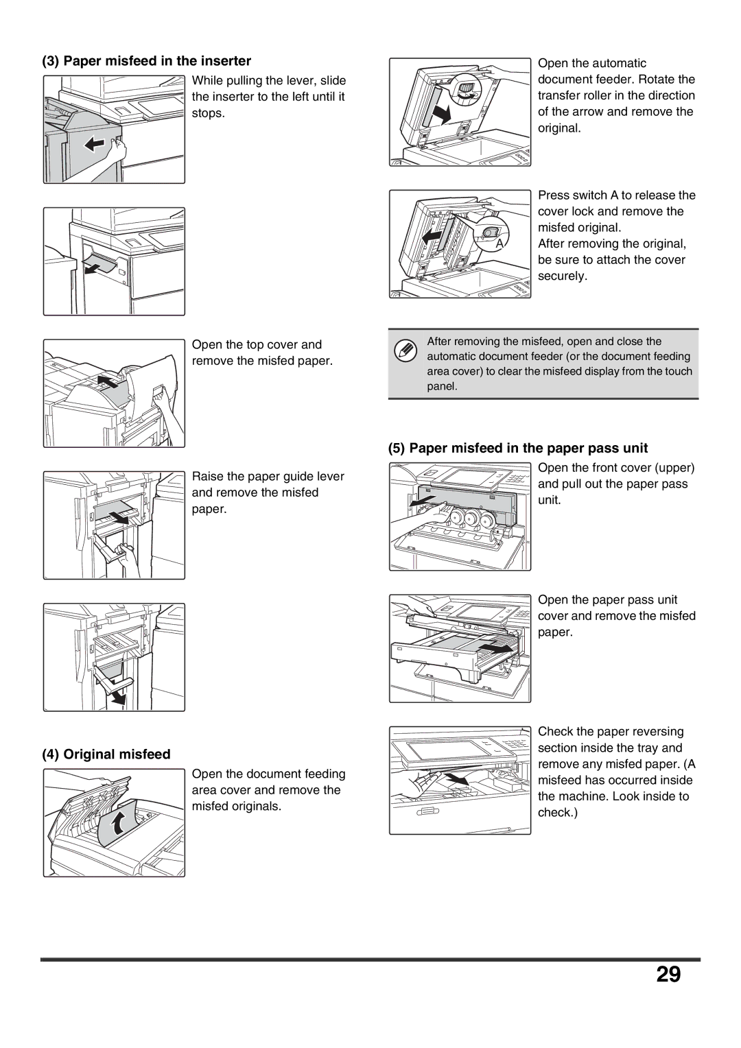 Sharp MX-7001N, MX-6200N, MX-7000N, MX-5500N, MX-6201N specifications Paper misfeed in the inserter 