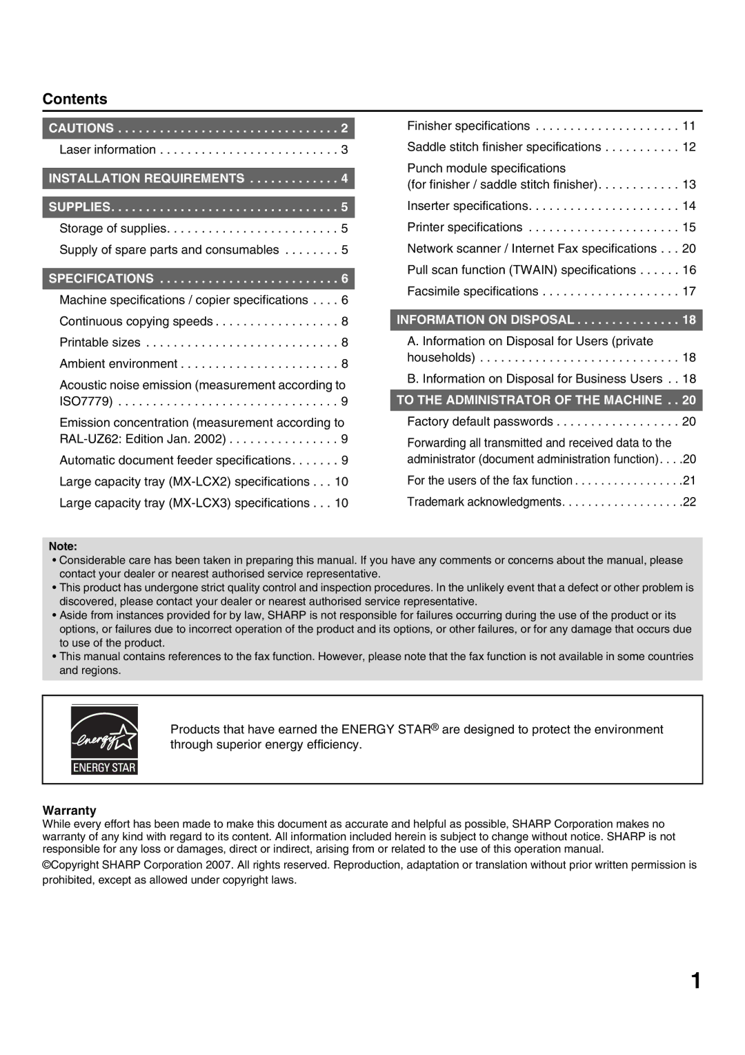 Sharp MX-6200N, MX-7000N, MX-5500N, MX-7001N, MX-6201N specifications Contents 