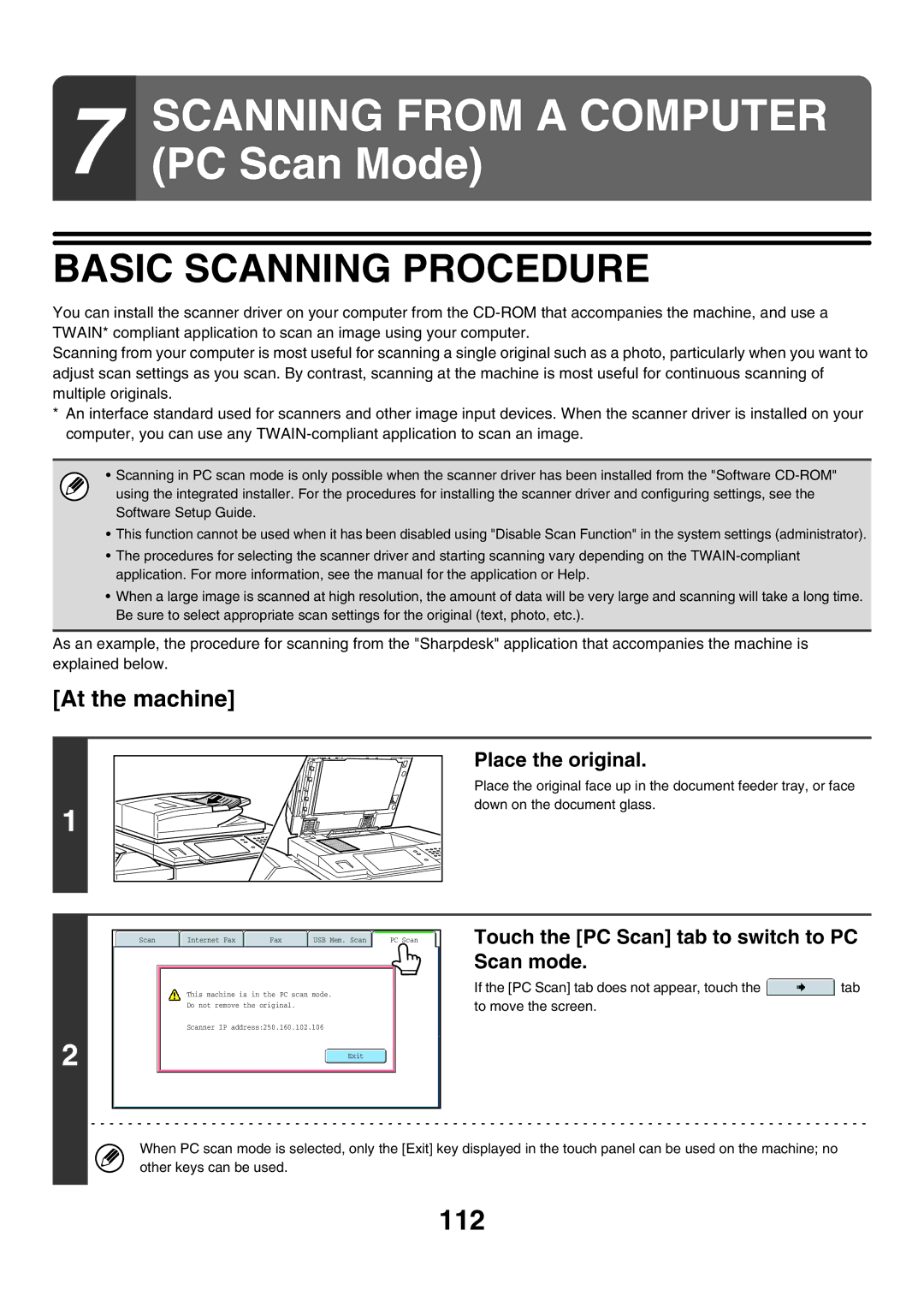 Sharp MX-7000N, MX-6200N manual Basic Scanning Procedure, At the machine, Touch the PC Scan tab to switch to PC Scan mode 