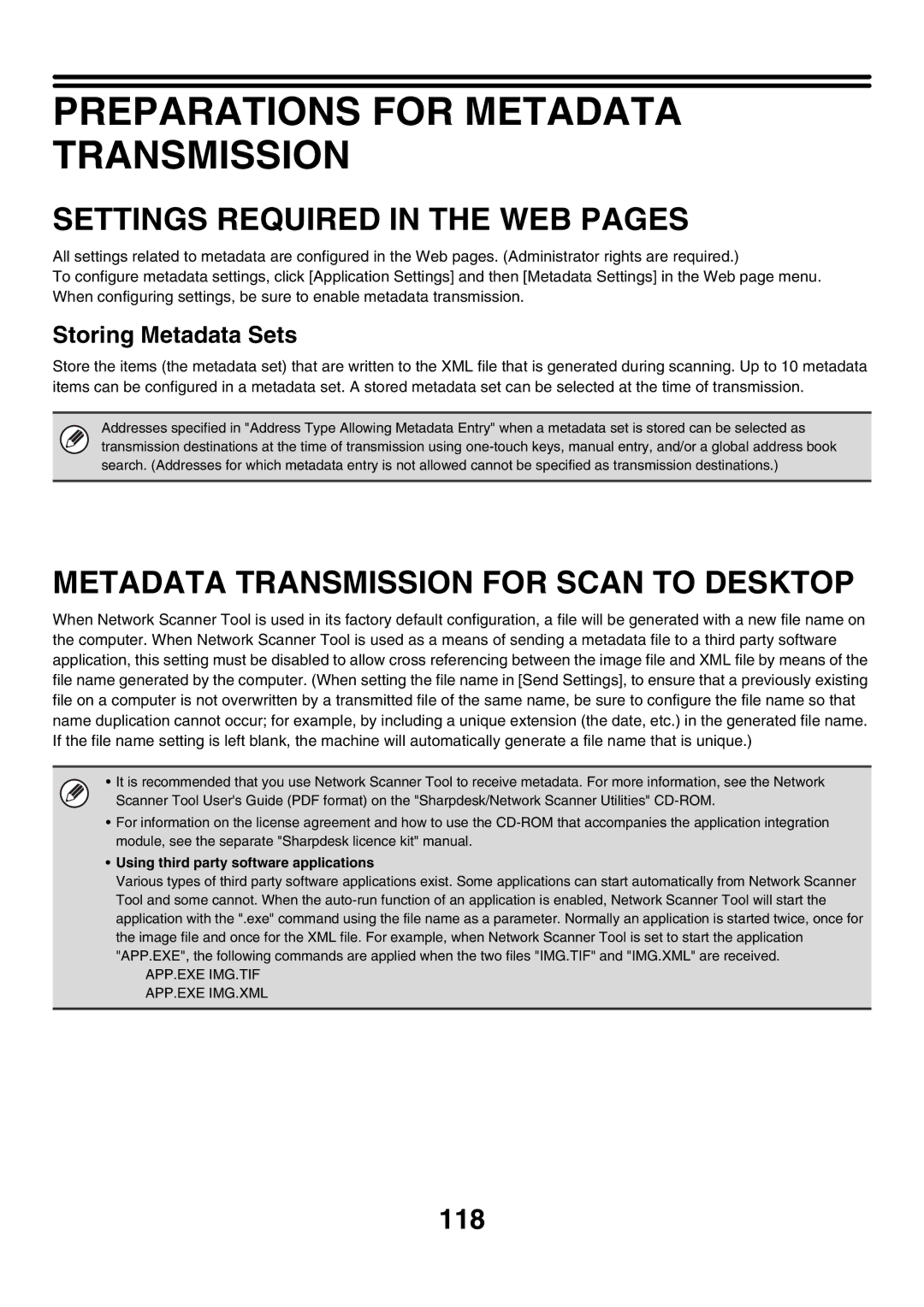 Sharp MX-7000N Preparations for Metadata Transmission, Metadata Transmission for Scan to Desktop, Storing Metadata Sets 