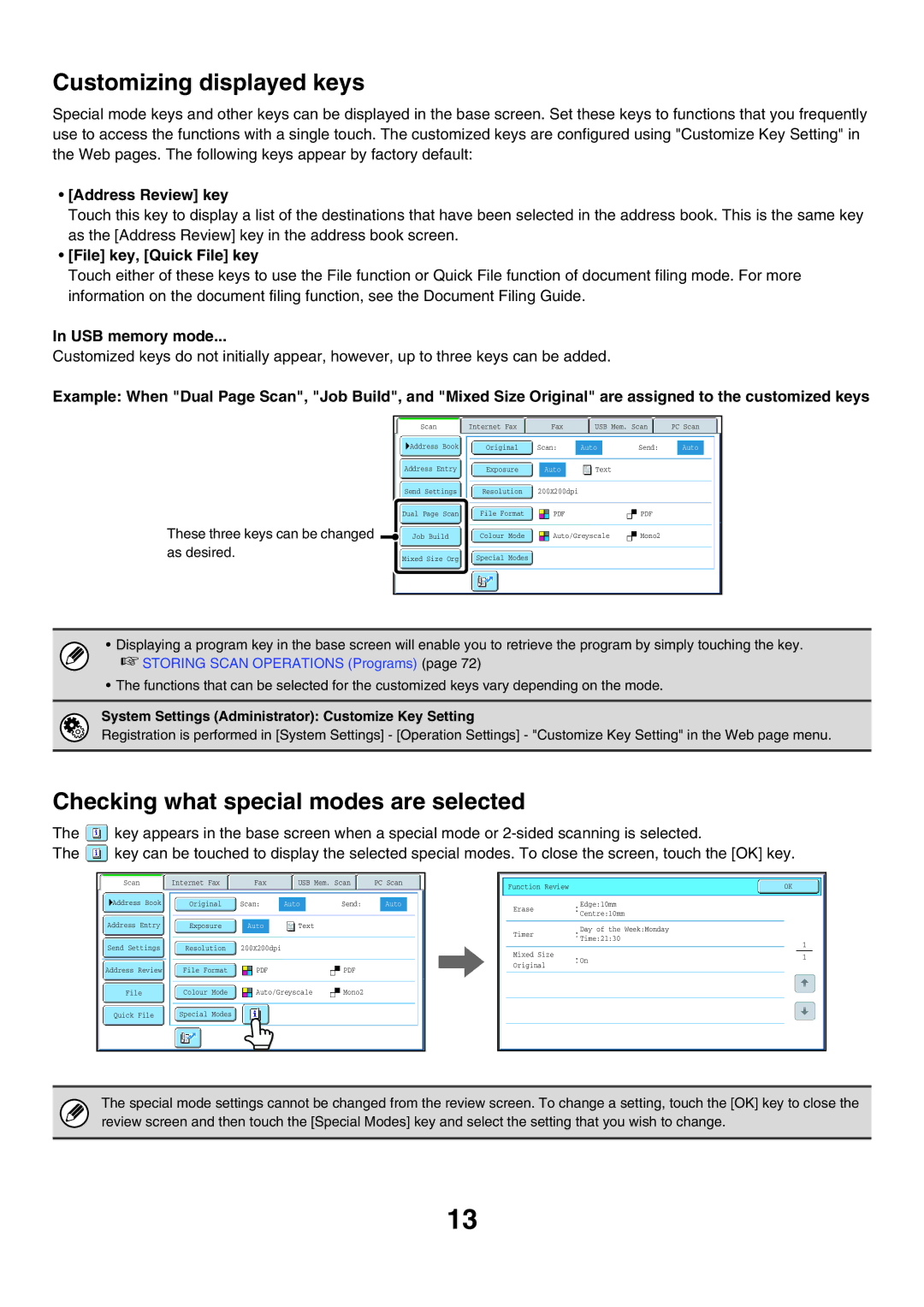 Sharp MX-7000N Customizing displayed keys, Checking what special modes are selected, Address Review key, USB memory mode 