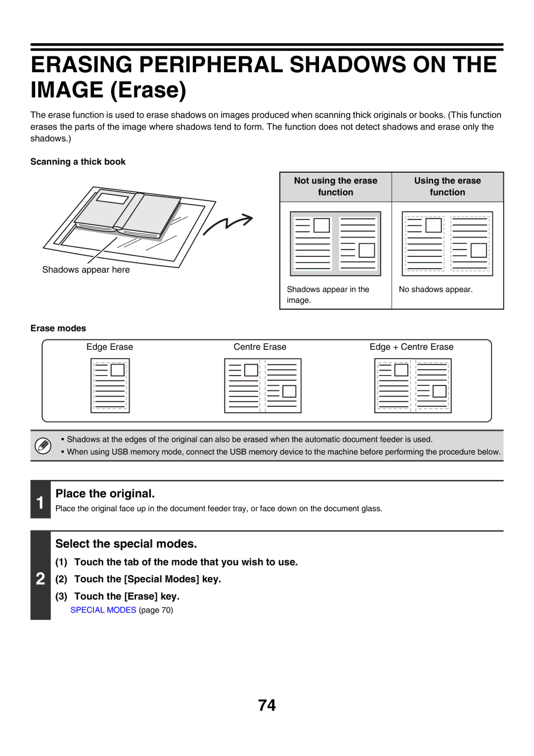 Sharp MX-5500N, MX-6200N Erasing Peripheral Shadows on the Image Erase, Touch the tab of the mode that you wish to use 