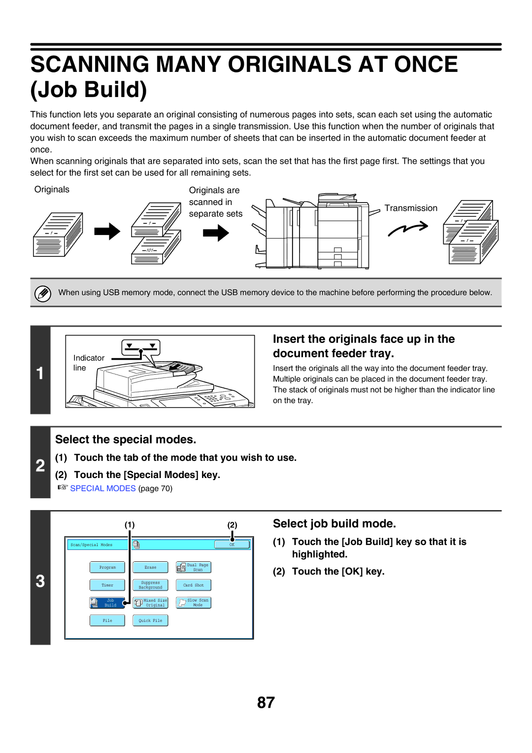 Sharp MX-6200N manual Scanning Many Originals AT Once Job Build, Insert the originals face up in the document feeder tray 