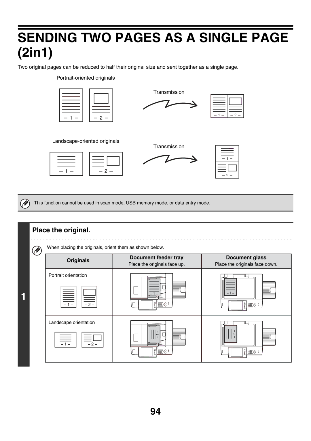 Sharp MX-7000N, MX-6200N, MX-5500N Sending TWO Pages AS a Single page 2in1, Originals Document feeder tray Document glass 