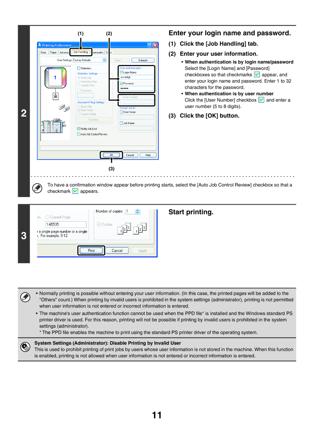 Sharp MX-5500N Enter your login name and password, Start printing, Click the Job Handling tab Enter your user information 