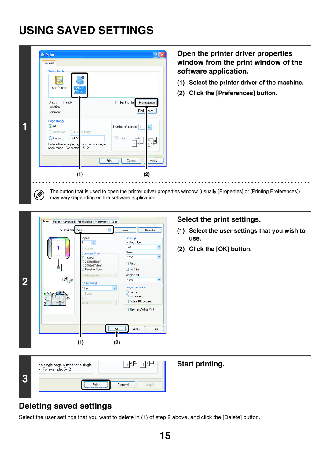 Sharp MX-6200N, MX-7000N, MX-5500N manual Using Saved Settings, Select the print settings 