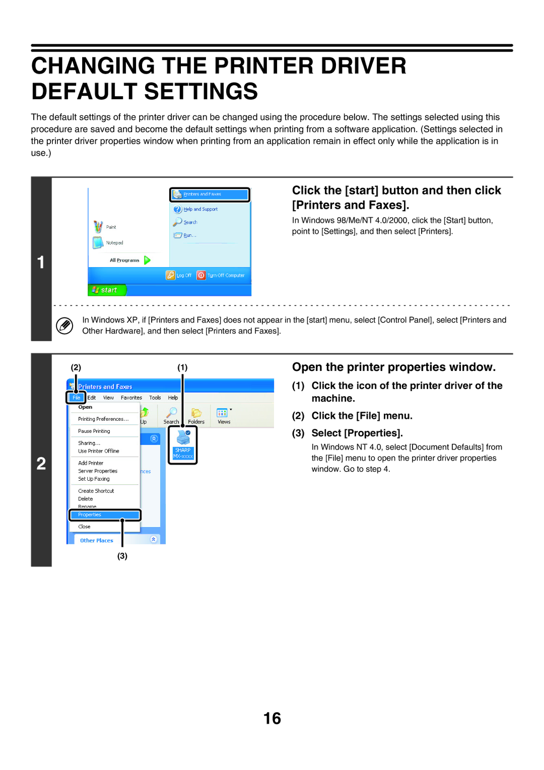 Sharp MX-7000N Changing the Printer Driver Default Settings, Click the start button and then click Printers and Faxes 