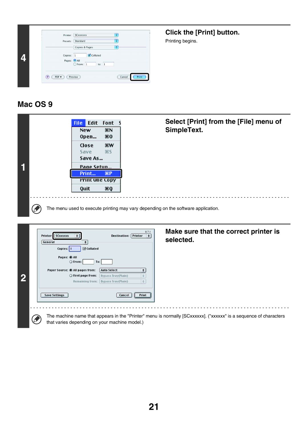 Sharp MX-6200N, MX-7000N, MX-5500N manual Click the Print button, Select Print from the File menu SimpleText 