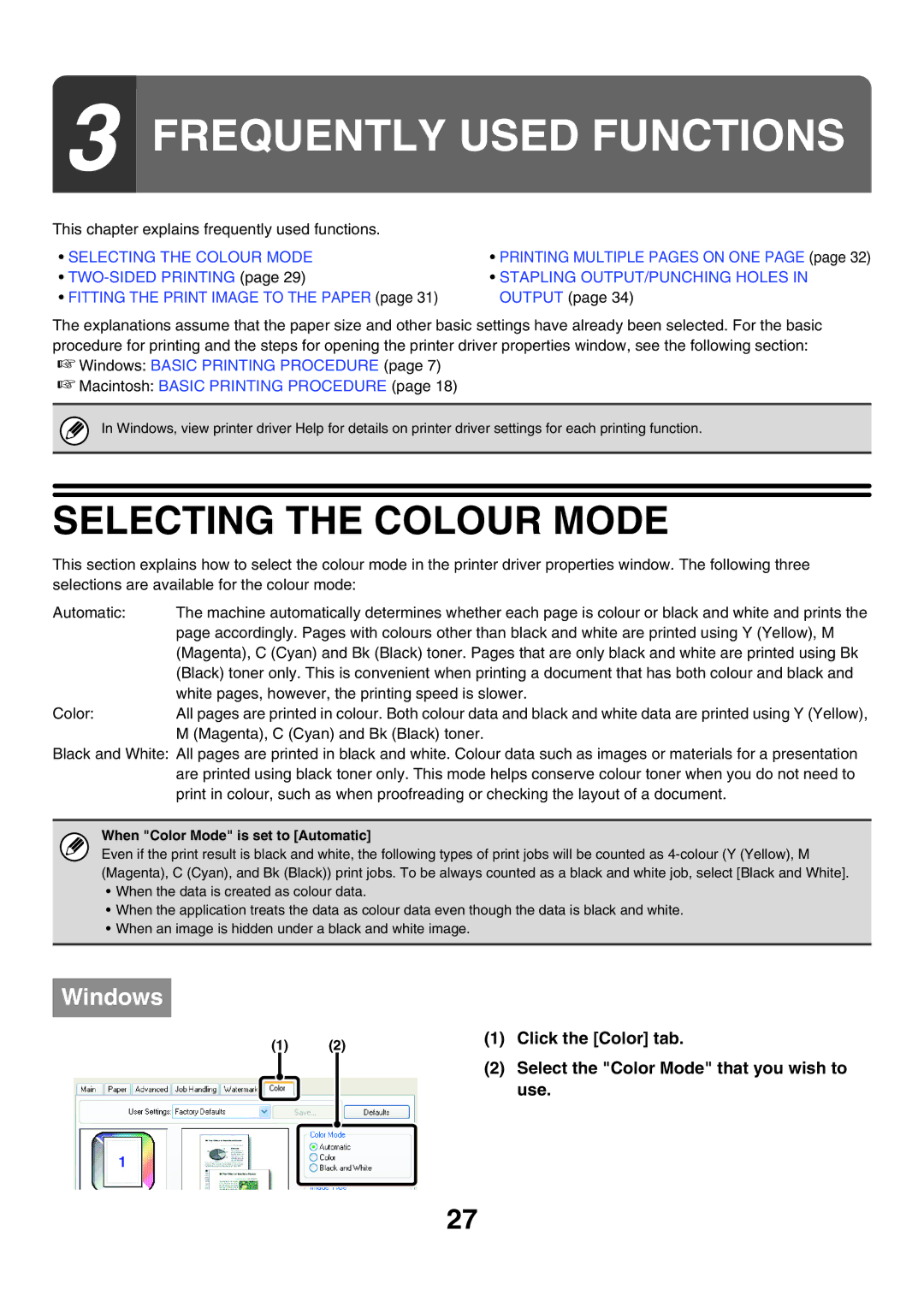 Sharp MX-6200N, MX-7000N manual Selecting the Colour Mode, Click the Color tab, Use, Select the Color Mode that you wish to 