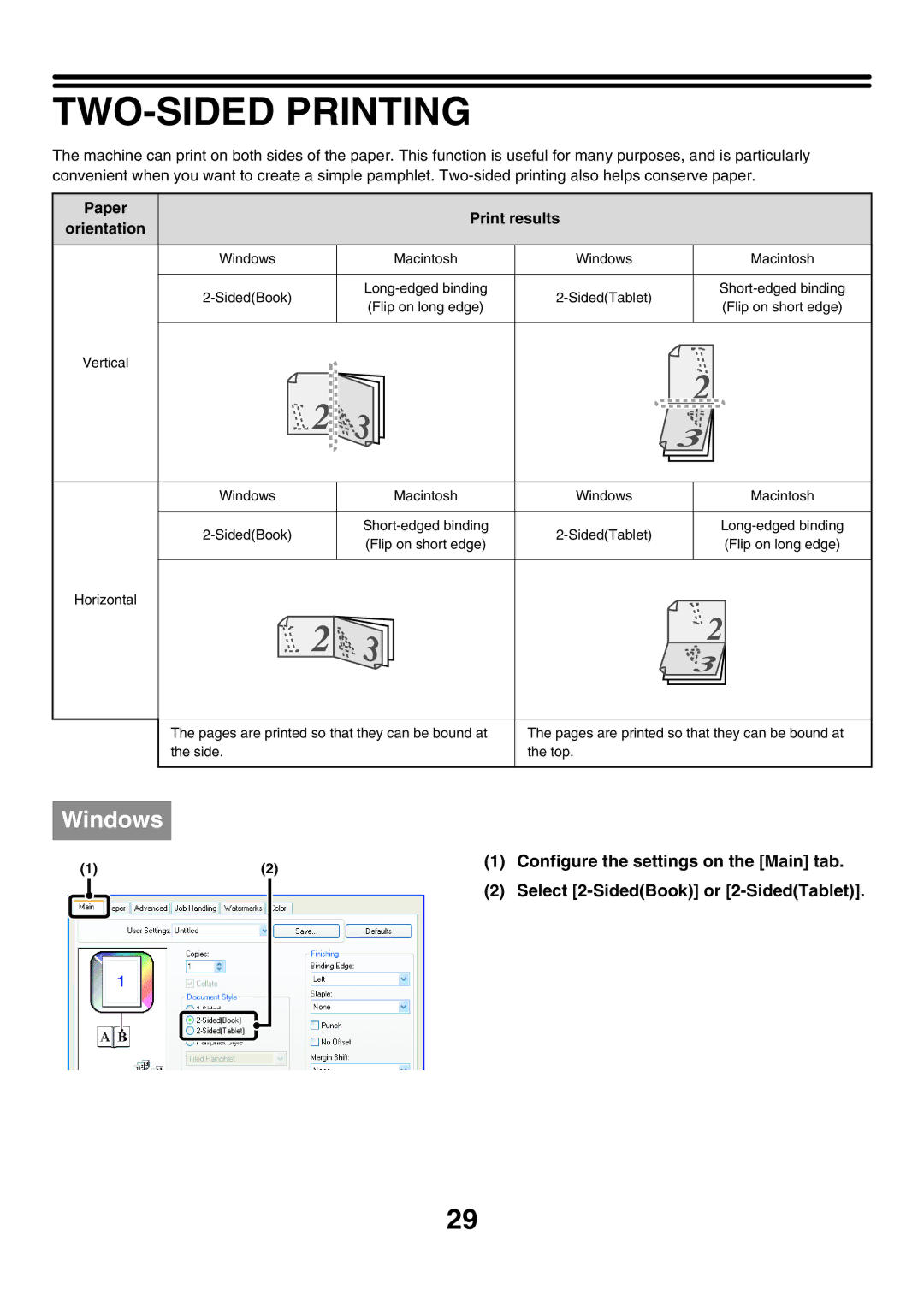 Sharp MX-5500N, MX-6200N manual TWO-SIDED Printing, Configure the settings on the Main tab, Print results Orientation, Paper 