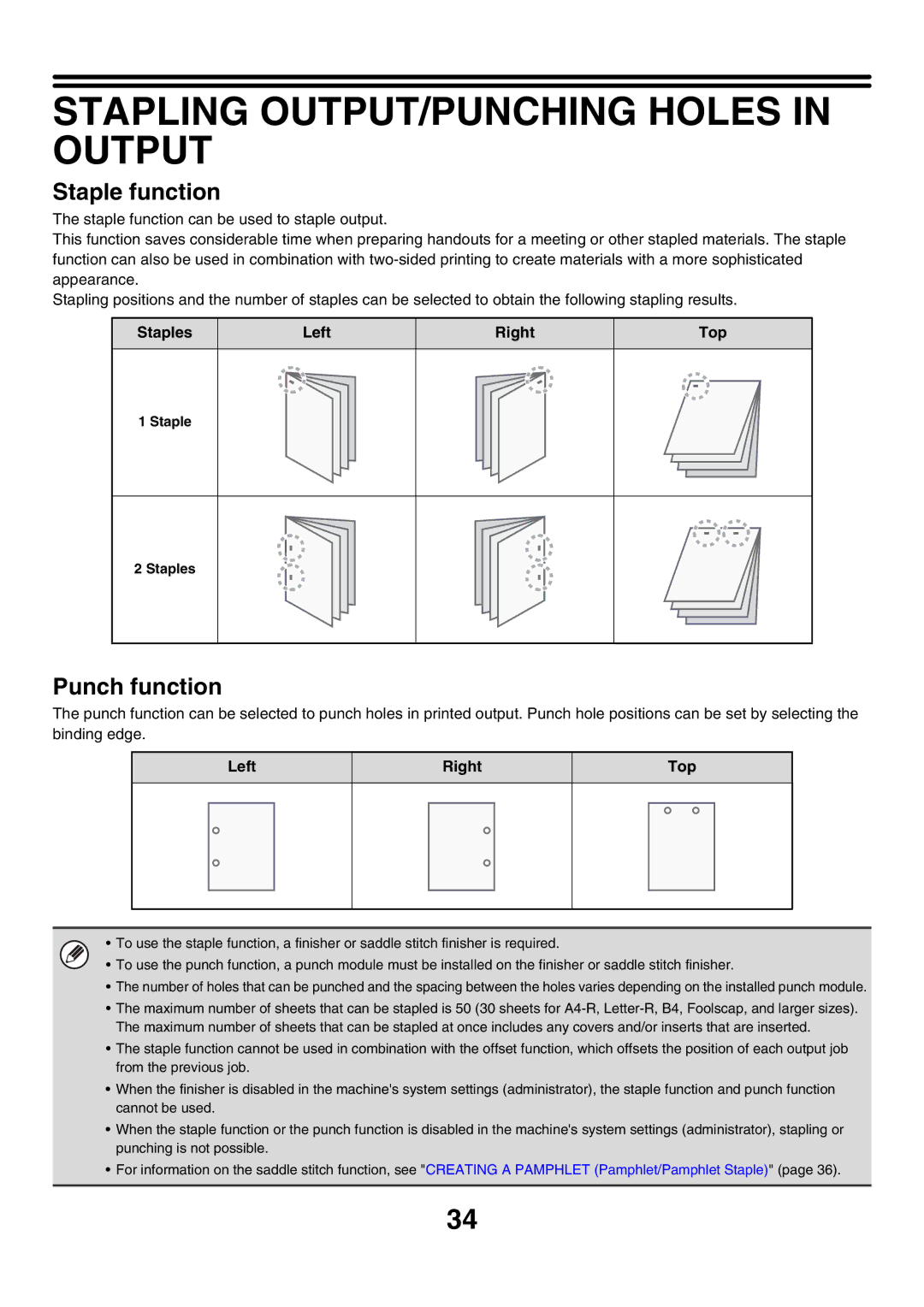 Sharp MX-7000N, MX-6200N, MX-5500N manual Stapling OUTPUT/PUNCHING Holes in Output, Staples Left Right Top, Staple Staples 