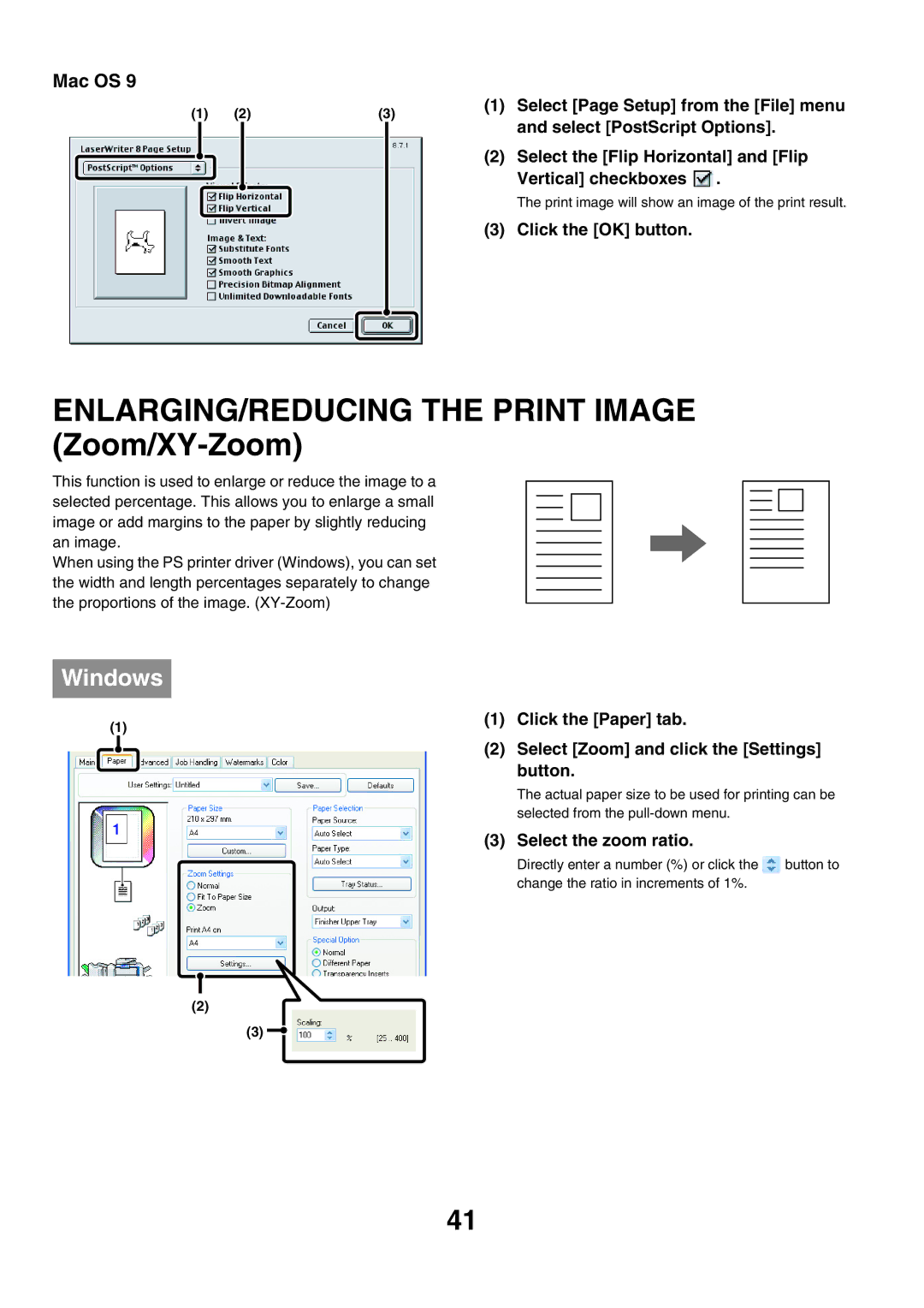 Sharp MX-5500N, MX-6200N ENLARGING/REDUCING the Print Image Zoom/XY-Zoom, Select PostScript Options, Vertical checkboxes 