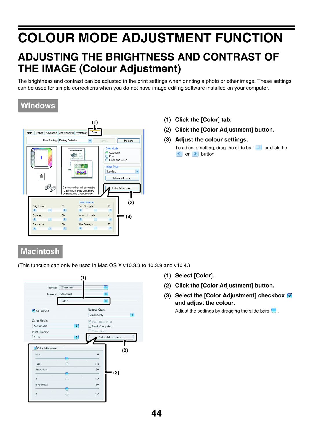 Sharp MX-5500N Colour Mode Adjustment Function, Select Color, Adjust the colour, To adjust a setting, drag the slide bar 