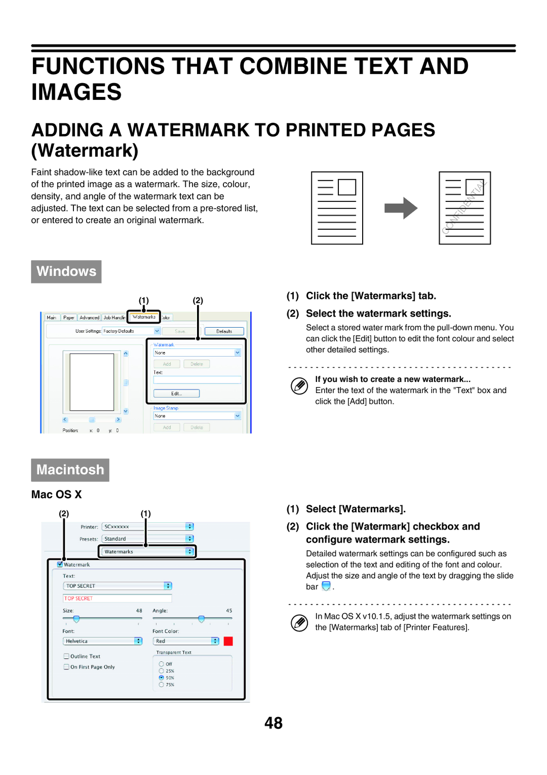 Sharp MX-6200N, MX-7000N, MX-5500N Functions That Combine Text and Images, Adding a Watermark to Printed Pages Watermark 