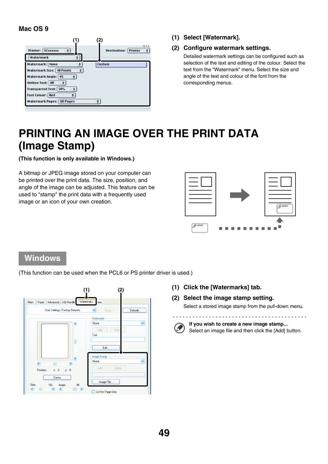 Sharp MX-7000N, MX-6200N Printing AN Image Over the Print Data Image Stamp, Select Watermark Configure watermark settings 