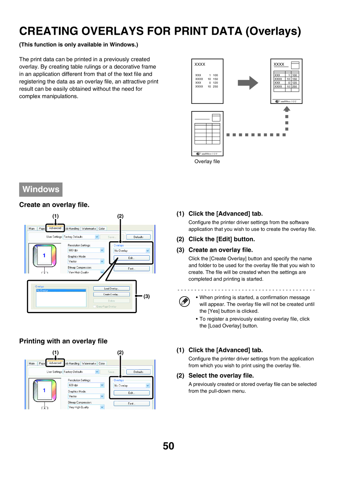 Sharp MX-5500N, MX-6200N, MX-7000N Creating Overlays for Print Data Overlays, Click the Edit button, Create an overlay file 