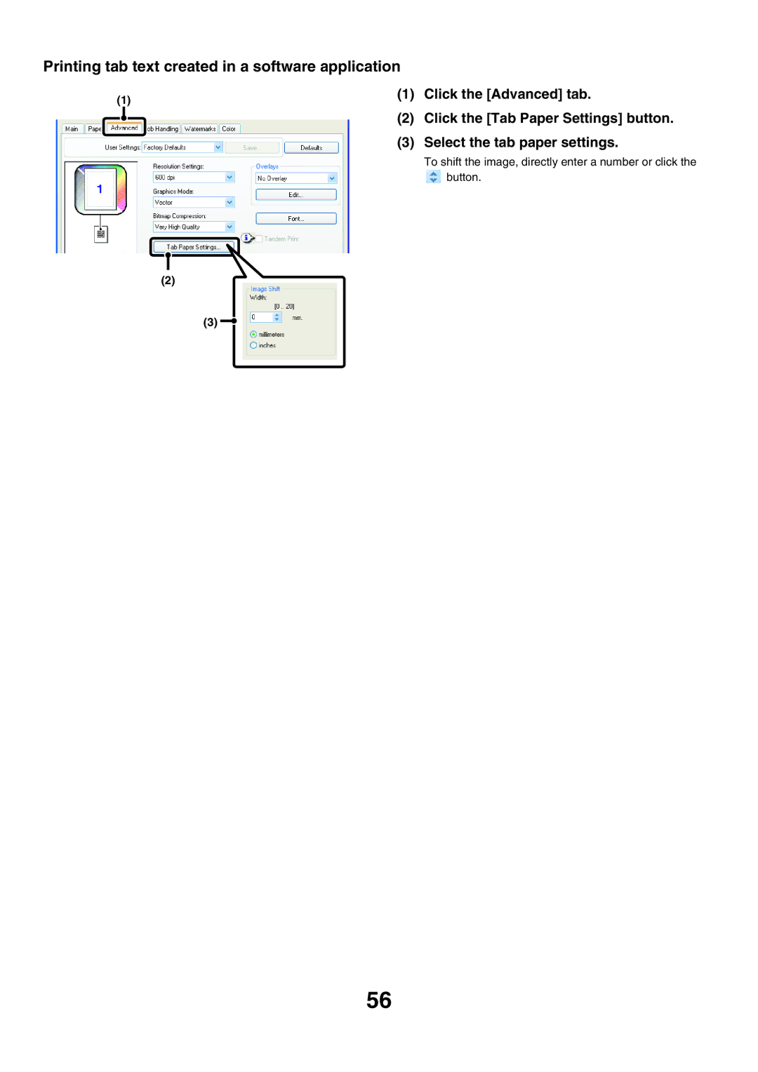 Sharp MX-5500N, MX-6200N, MX-7000N Printing tab text created in a software application, Click the Tab Paper Settings button 