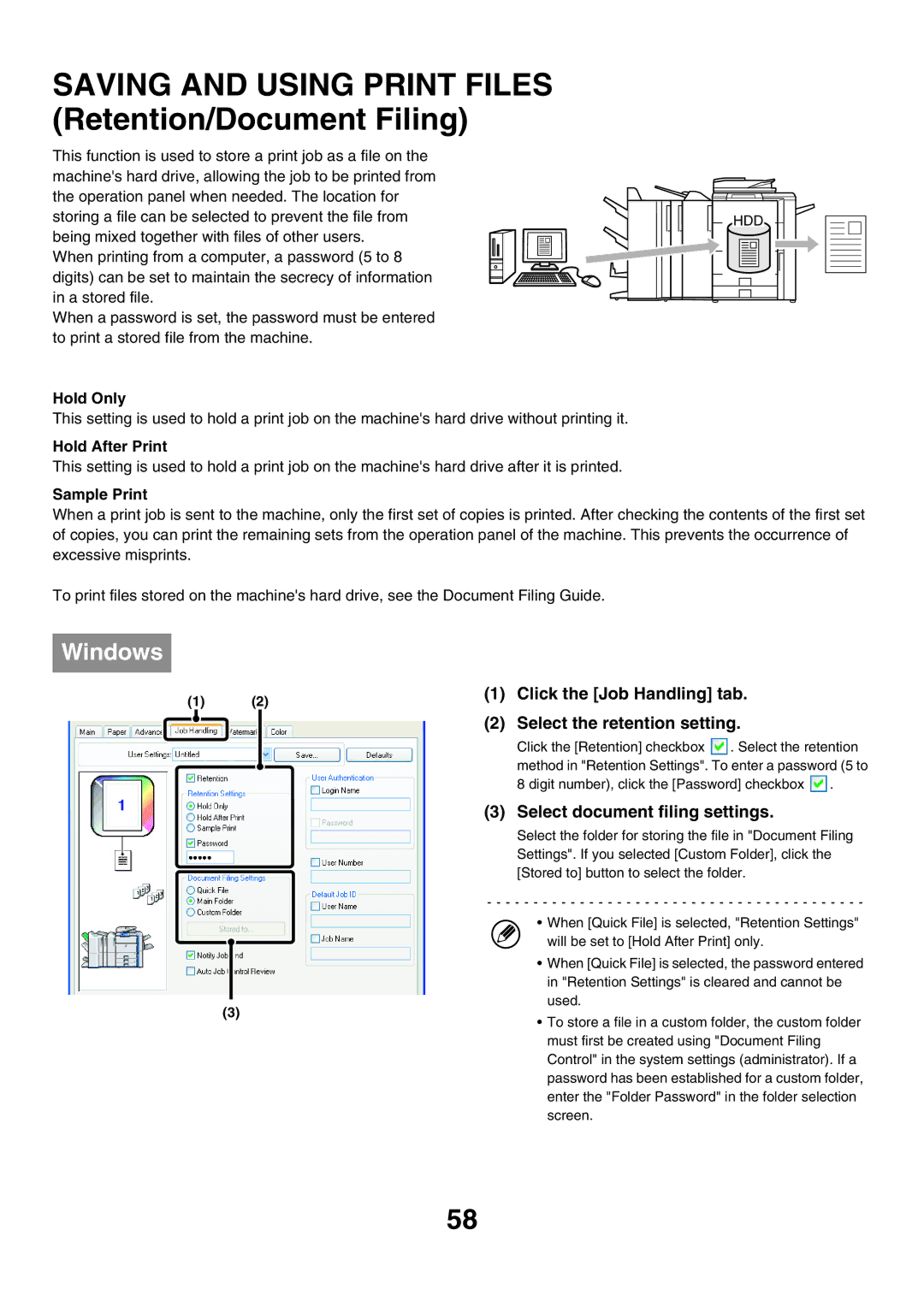 Sharp MX-7000N manual Click the Job Handling tab Select the retention setting, Select document filing settings, Hold Only 