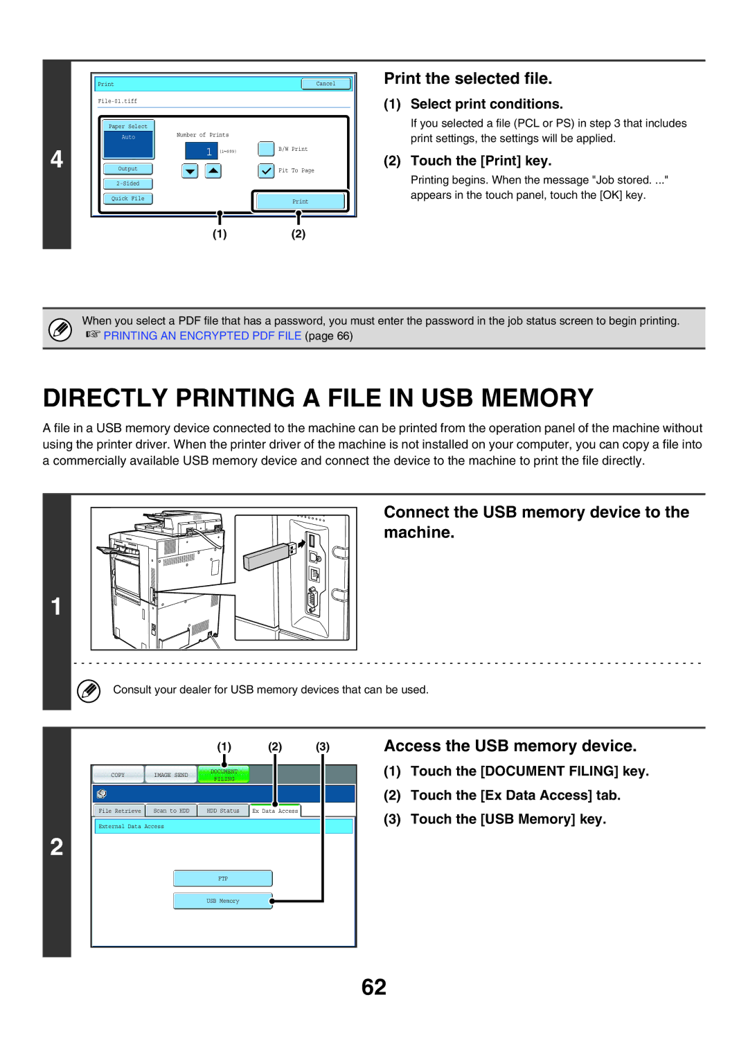 Sharp MX-5500N, MX-6200N Directly Printing a File in USB Memory, Print the selected file, Access the USB memory device 