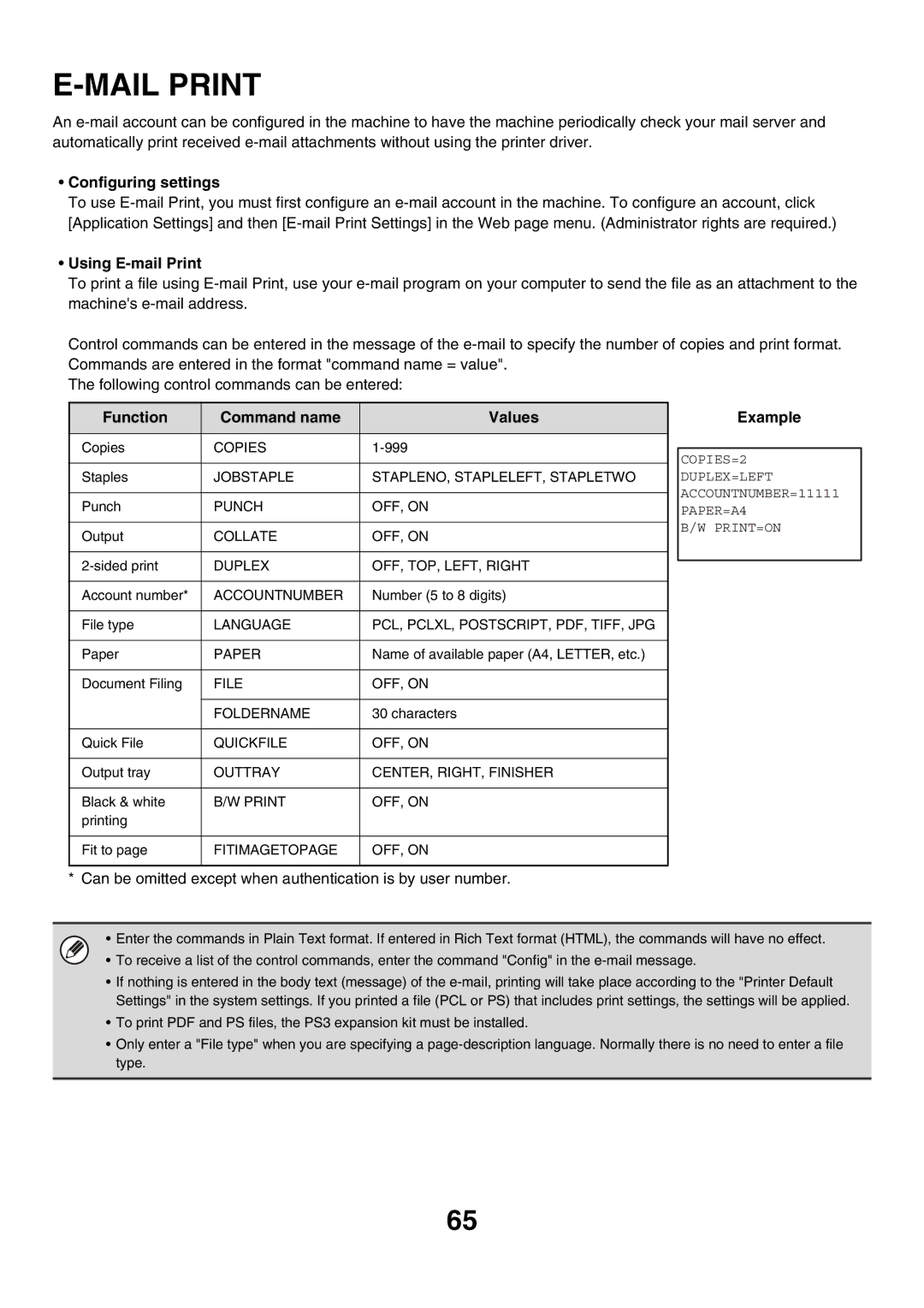 Sharp MX-5500N, MX-6200N, MX-7000N manual Mail Print, Using E-mail Print, Function Command name Values 