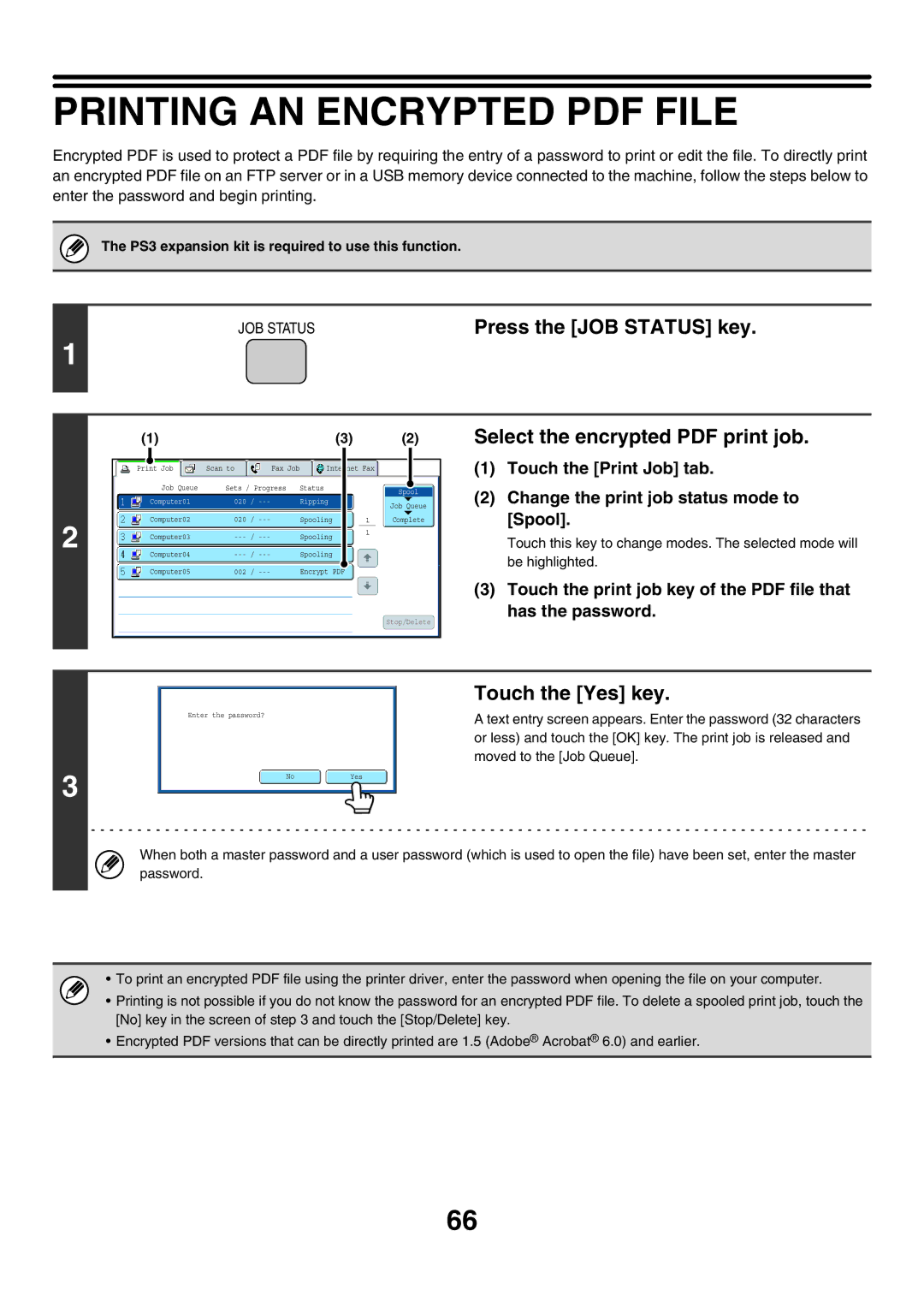 Sharp MX-6200N, MX-7000N Press the JOB Status key, Touch the Yes key, PS3 expansion kit is required to use this function 