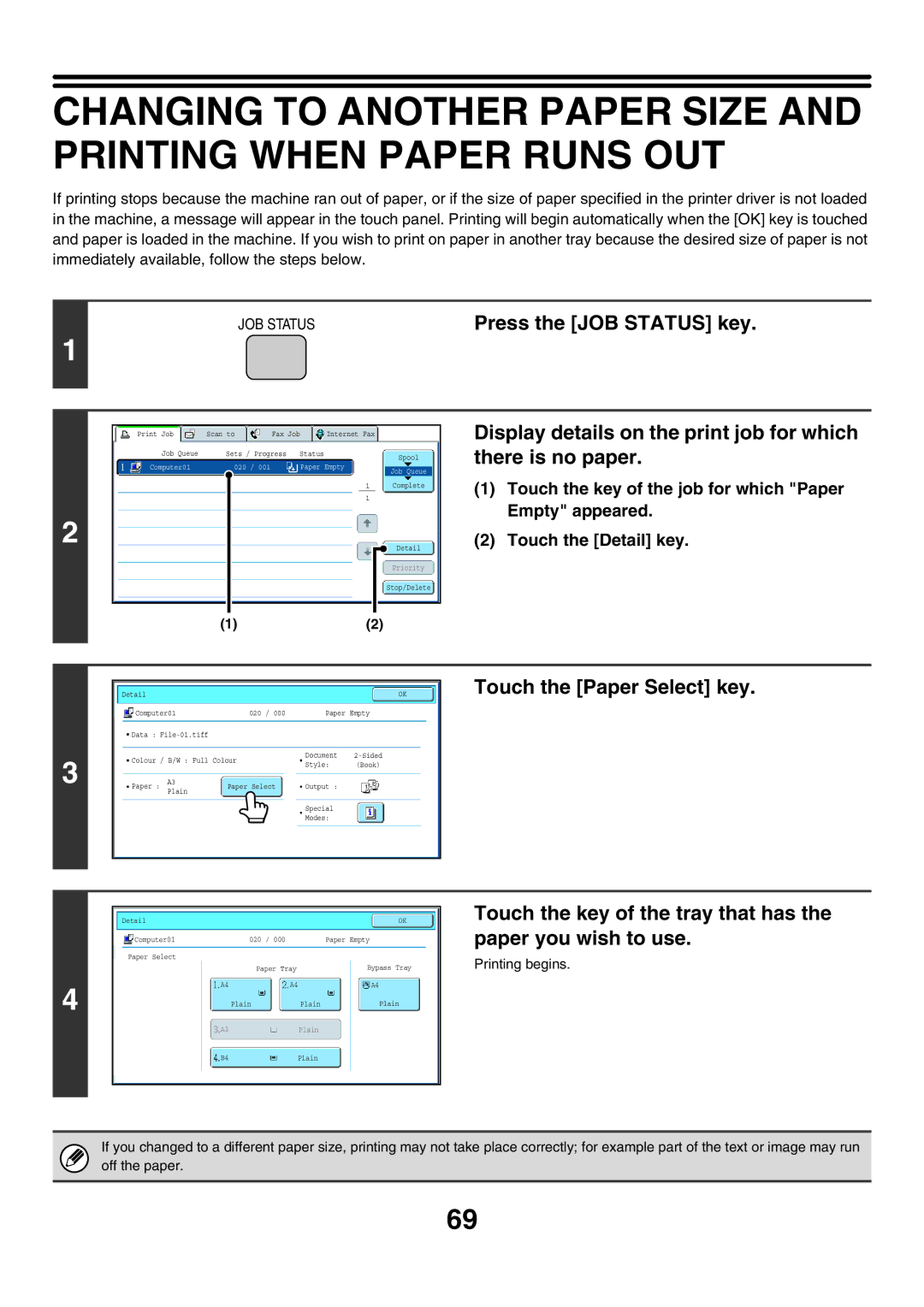 Sharp MX-6200N, MX-7000N, MX-5500N Display details on the print job for which there is no paper, Touch the Paper Select key 