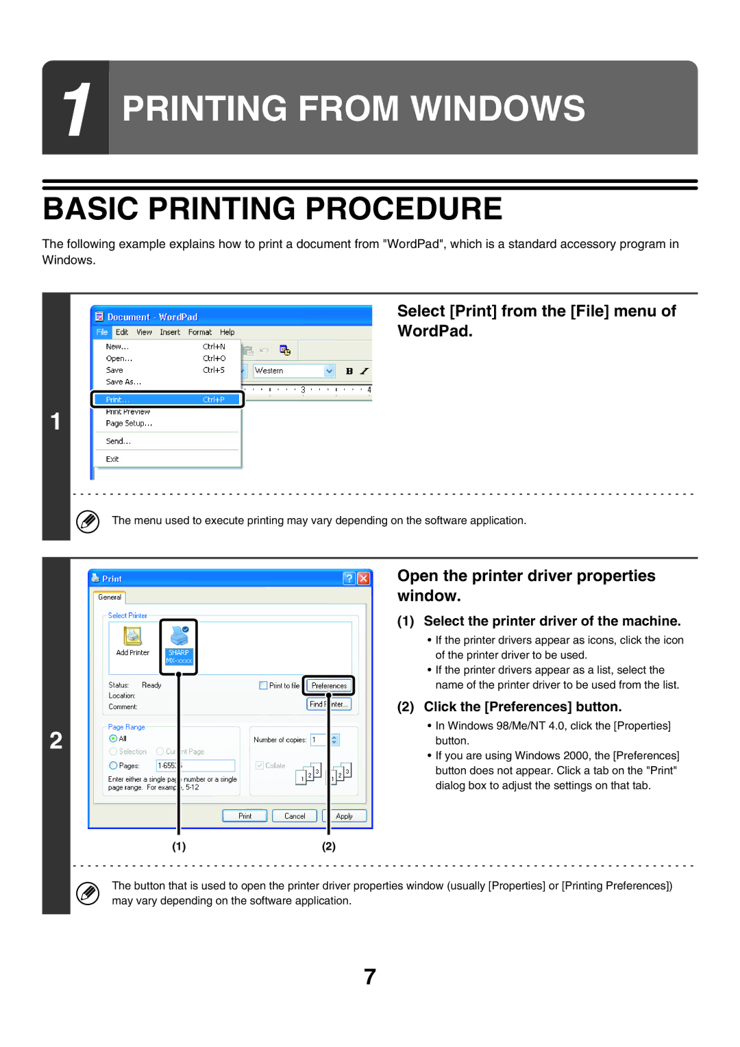 Sharp MX-7000N Basic Printing Procedure, Select Print from the File menu WordPad, Select the printer driver of the machine 