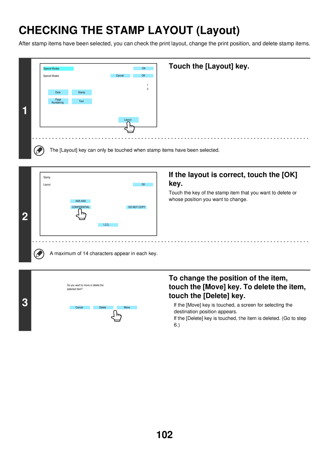 Sharp MX-6200N Checking the Stamp Layout Layout, 102, Touch the Layout key, If the layout is correct, touch the OK key 