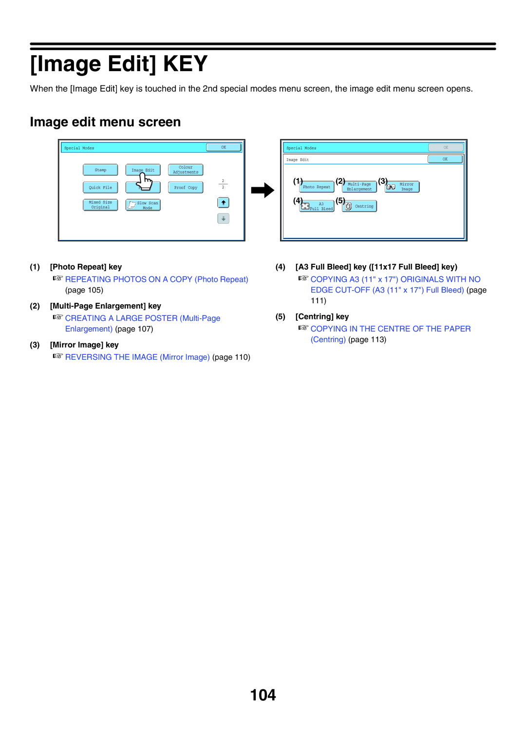 Sharp MX-5500N, MX-6200N, MX-7000N manual Image Edit KEY, 104, Image edit menu screen 