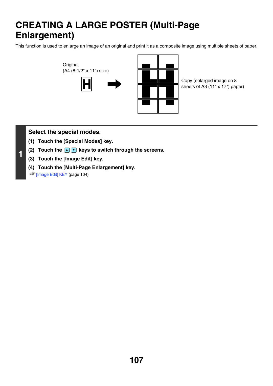 Sharp MX-5500N, MX-6200N, MX-7000N manual Creating a Large Poster Multi-Page Enlargement, 107 