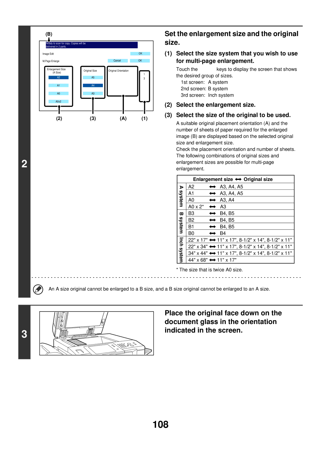 Sharp MX-6200N, MX-7000N, MX-5500N manual 108, Set the enlargement size and the original size, Enlargement size Original size 