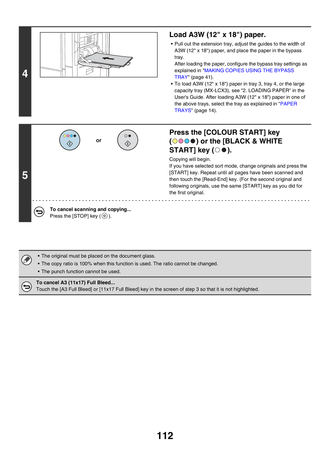 Sharp MX-7000N, MX-6200N, MX-5500N manual 112, Load A3W 12 x 18 paper, To cancel A3 11x17 Full Bleed 