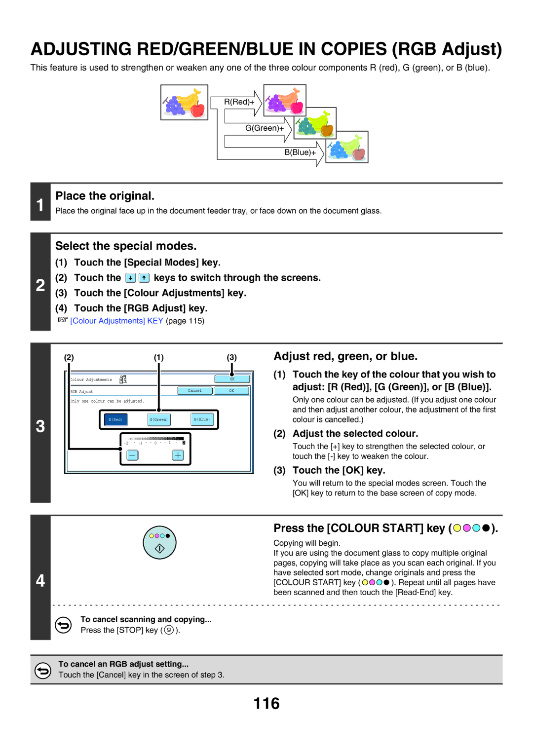 Sharp MX-5500N Adjusting RED/GREEN/BLUE in Copies RGB Adjust, 116, Adjust red, green, or blue, Adjust the selected colour 