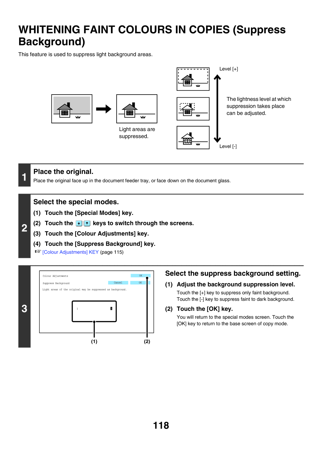 Sharp MX-7000N manual Whitening Faint Colours in Copies Suppress Background, 118, Select the suppress background setting 