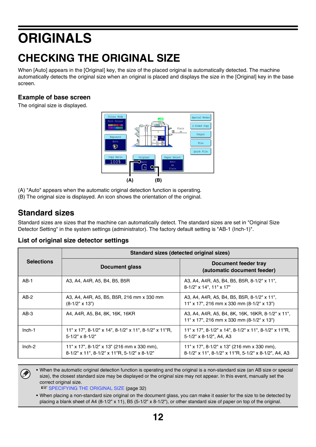 Sharp MX-6200N, MX-7000N, MX-5500N manual Originals, Checking the Original Size, Standard sizes detected original sizes 