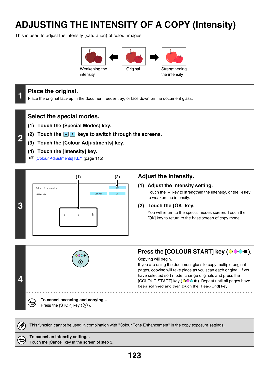 Sharp MX-6200N, MX-7000N, MX-5500N manual Adjusting the Intensity of a Copy Intensity, 123, Adjust the intensity setting 