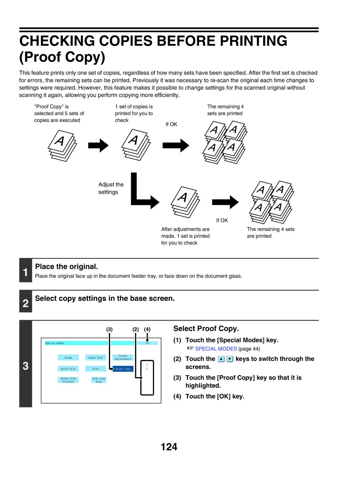Sharp MX-7000N Checking Copies Before Printing Proof Copy, 124, Select copy settings in the base screen, Select Proof Copy 