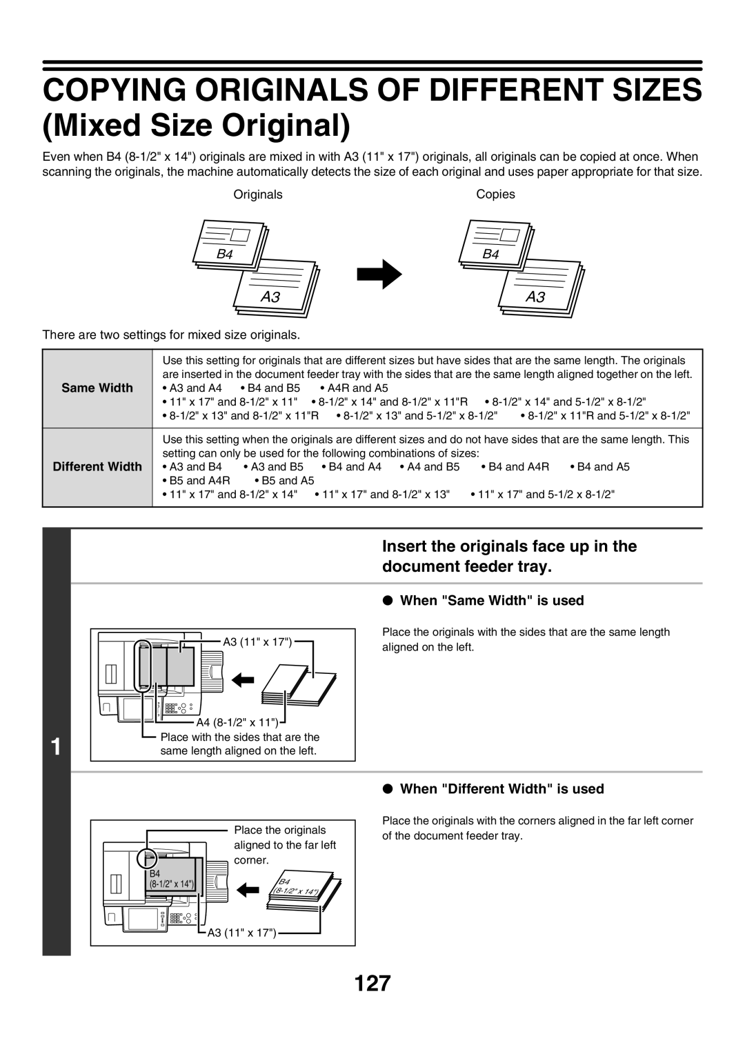 Sharp MX-7000N Copying Originals of Different Sizes Mixed Size Original, 127, When Same Width is used, Different Width 