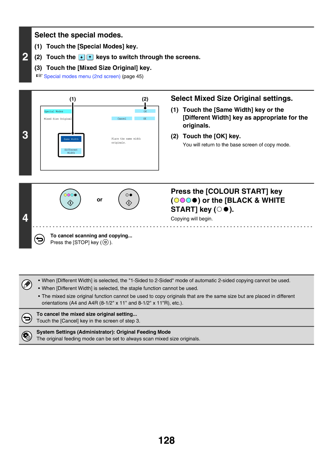 Sharp MX-5500N, MX-6200N, MX-7000N manual 128, Select Mixed Size Original settings, Touch the Mixed Size Original key 