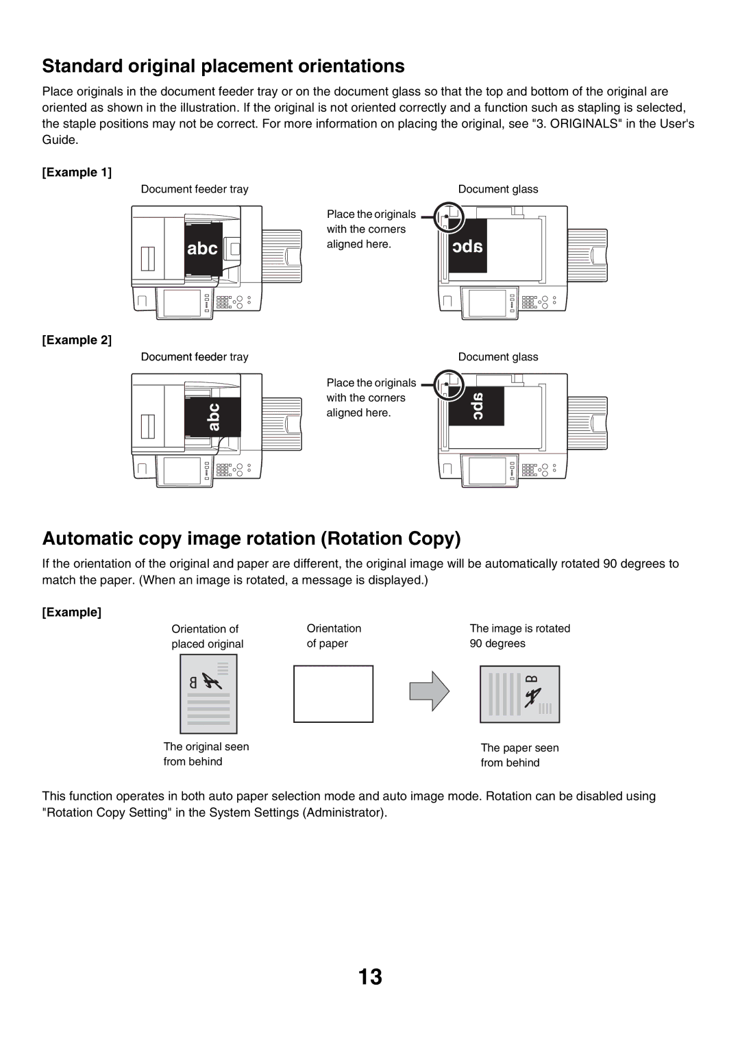 Sharp MX-7000N, MX-6200N Standard original placement orientations, Automatic copy image rotation Rotation Copy, Example 