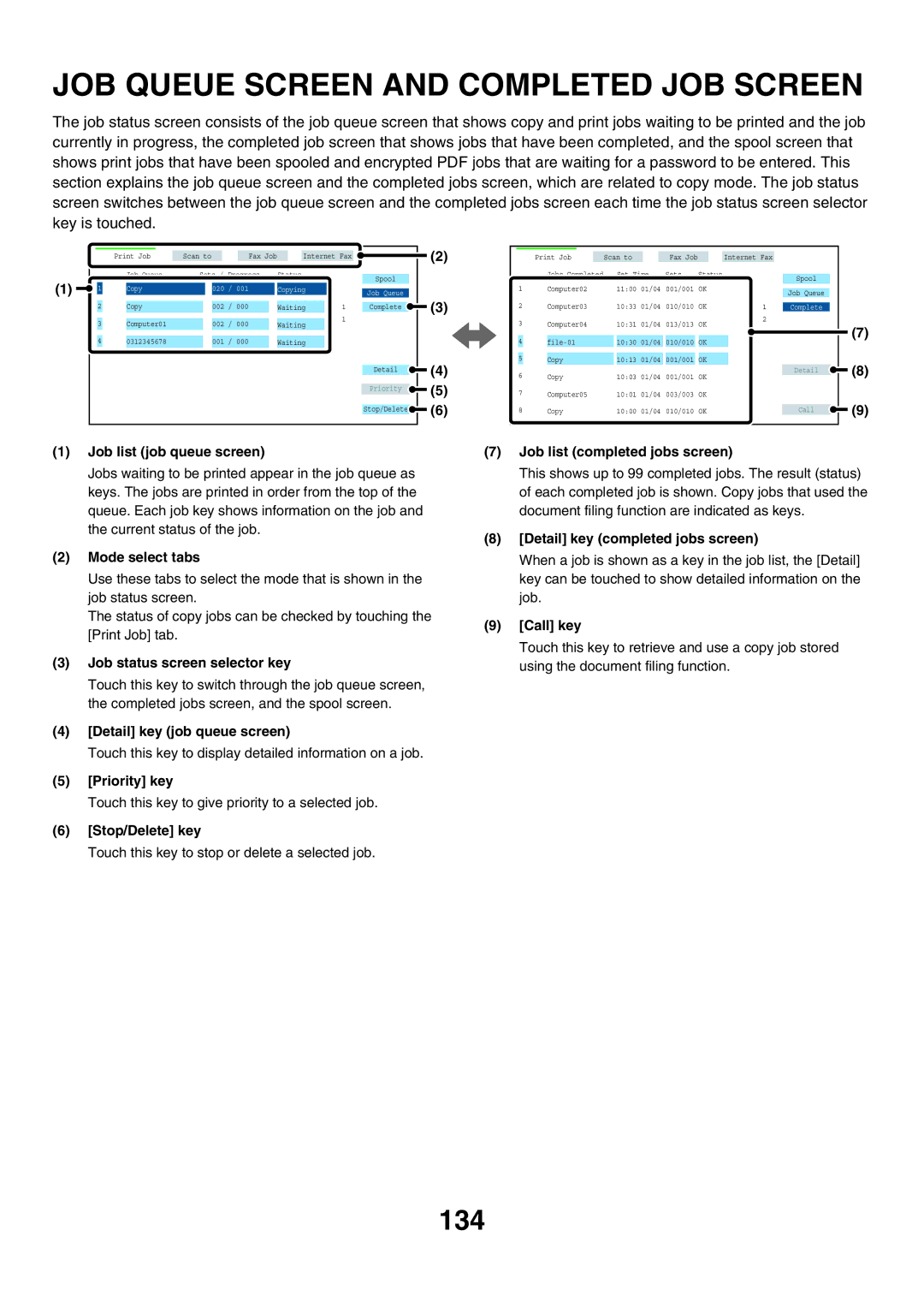 Sharp MX-5500N, MX-6200N, MX-7000N manual JOB Queue Screen and Completed JOB Screen, 134 