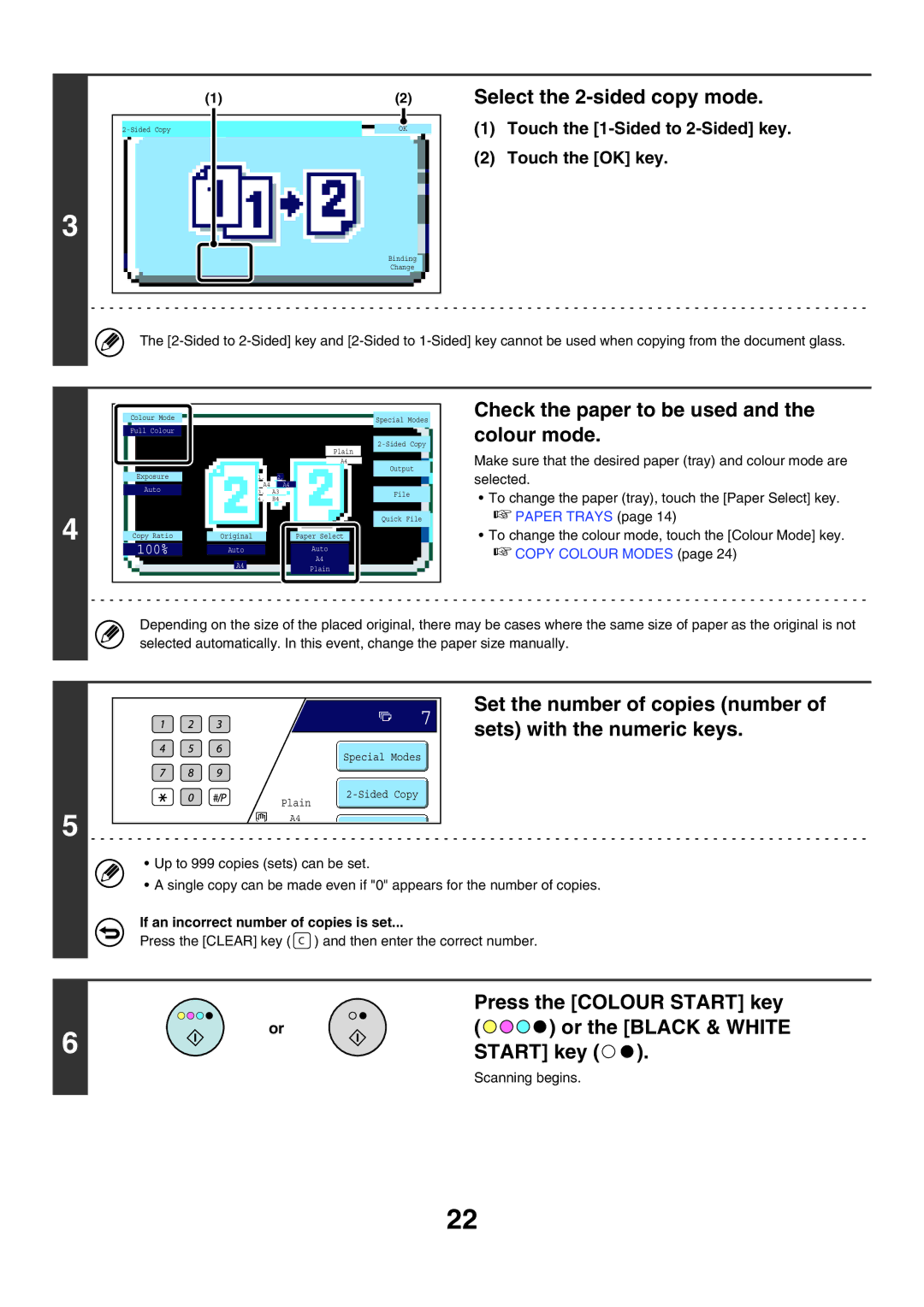 Sharp MX-7000N, MX-6200N, MX-5500N manual Touch the 1-Sided to 2-Sided key Touch the OK key, Scanning begins 