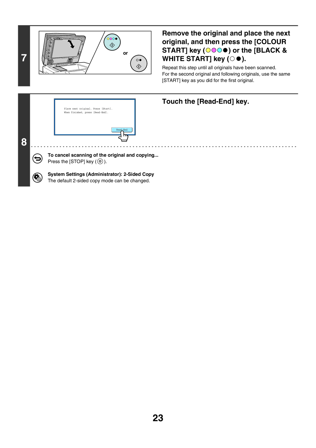 Sharp MX-5500N, MX-6200N, MX-7000N manual Touch the Read-End key, System Settings Administrator 2-Sided Copy 