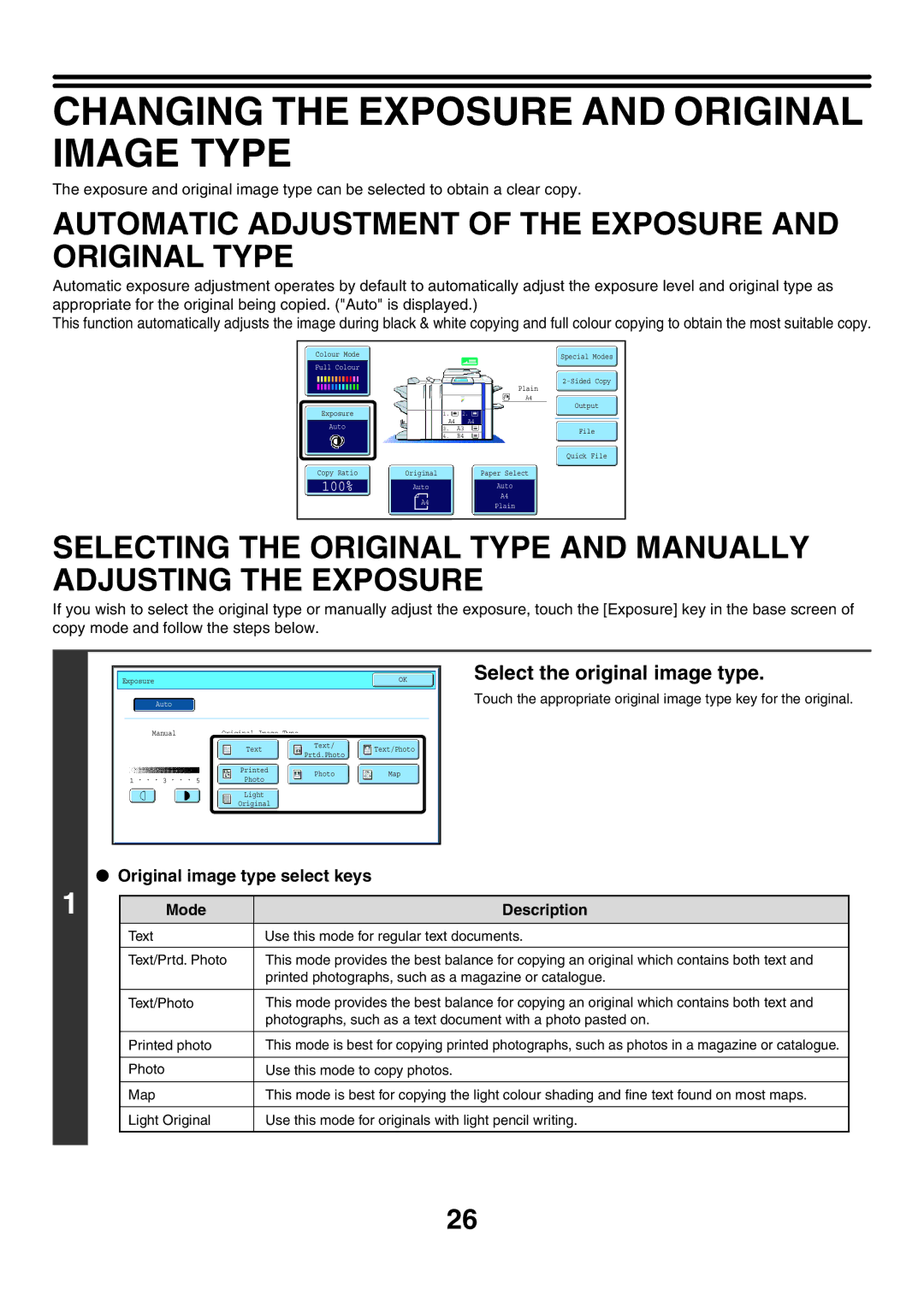 Sharp MX-5500N manual Changing the Exposure and Original Image Type, Automatic Adjustment of the Exposure and Original Type 