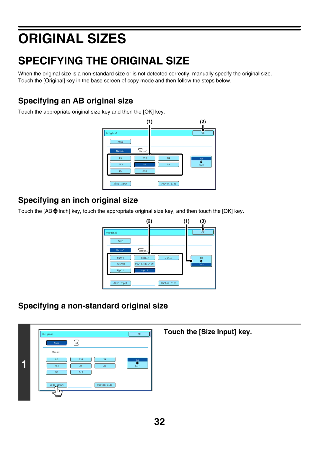 Sharp MX-5500N, MX-6200N, MX-7000N manual Original Sizes, Specifying the Original Size, Specifying an AB original size 