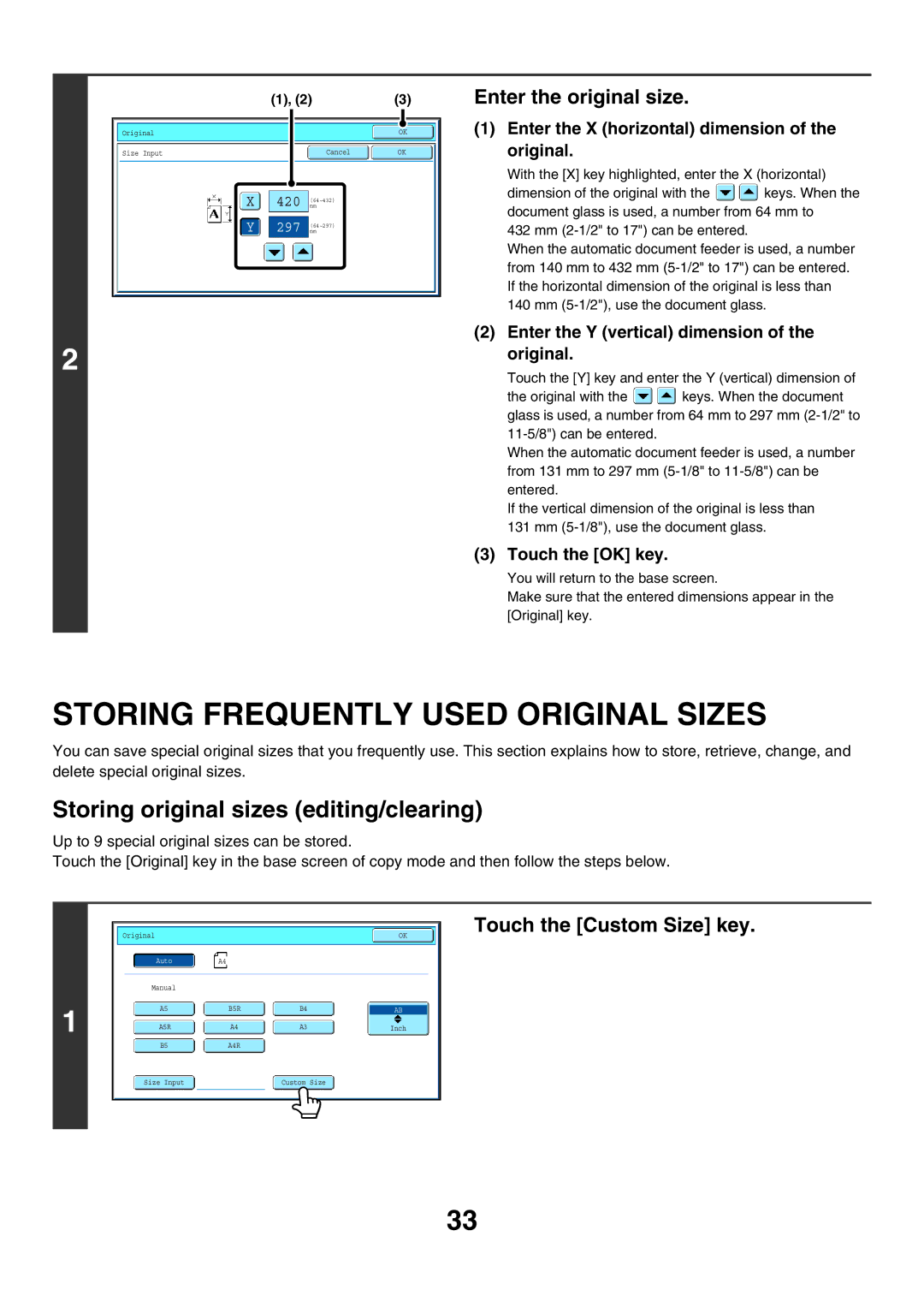 Sharp MX-6200N Storing Frequently Used Original Sizes, Storing original sizes editing/clearing, Enter the original size 