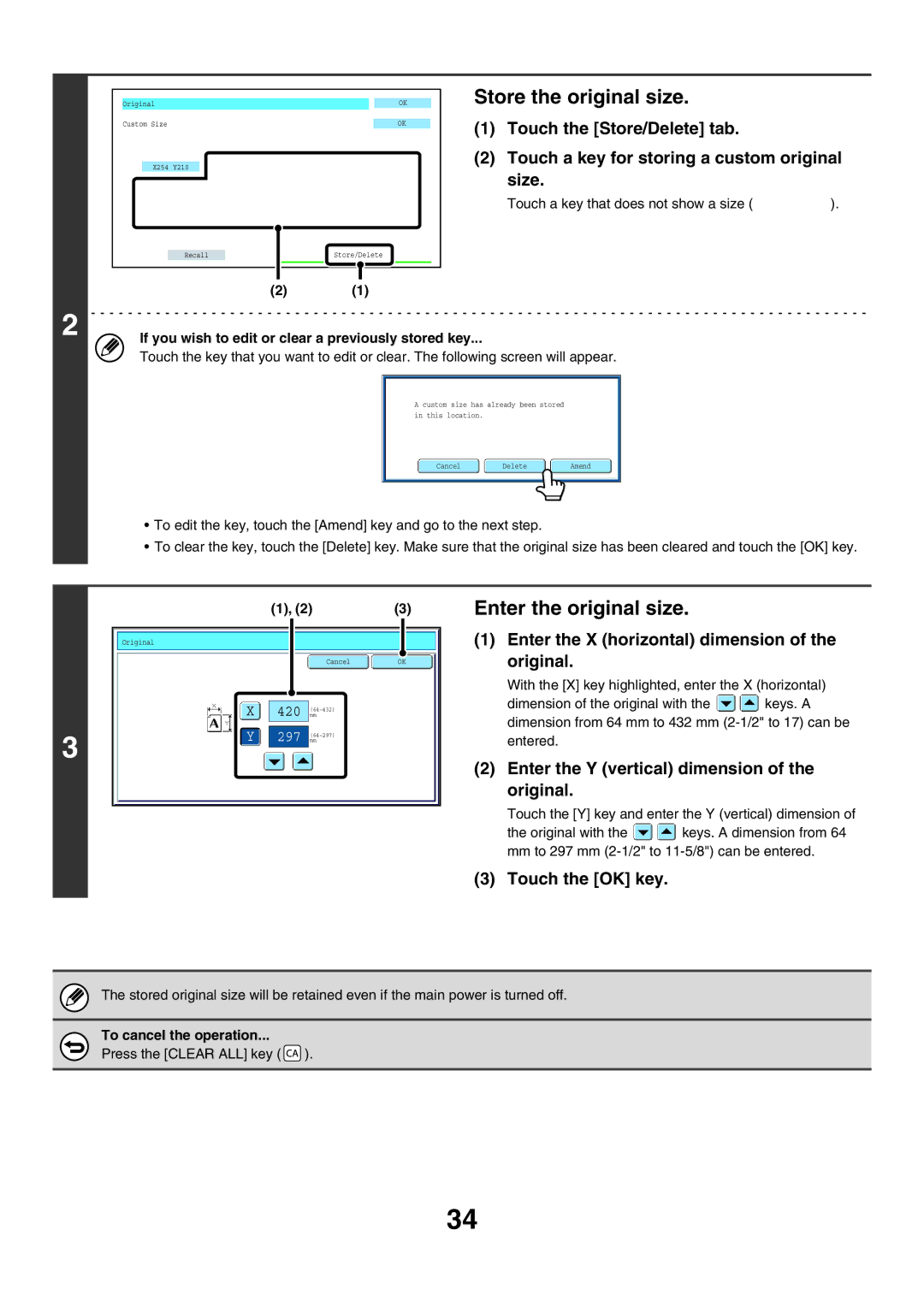 Sharp MX-7000N Store the original size, If you wish to edit or clear a previously stored key, To cancel the operation 