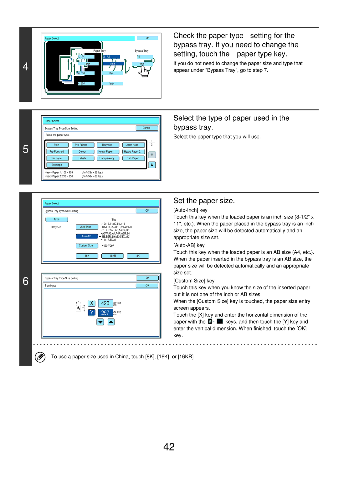 Sharp MX-6200N, MX-7000N Select the type of paper used in the bypass tray, Set the paper size, Auto-Inch key, Auto-AB key 